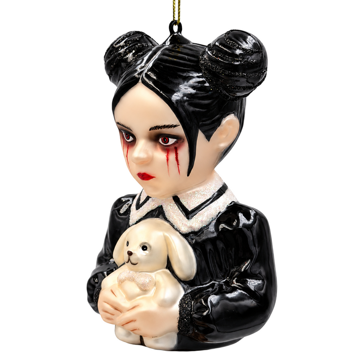 (PRE-ORDER) Gothic Doll with Bunny Toy Glass Ornament, Creepy Horror Halloween Tree Decor
