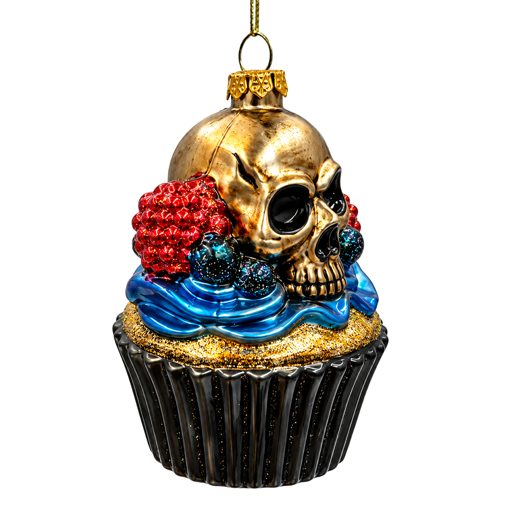 (PRE-ORDER) Gothic Skull Cupcake Glass Ornament, Spooky Halloween Dessert Tree Decor