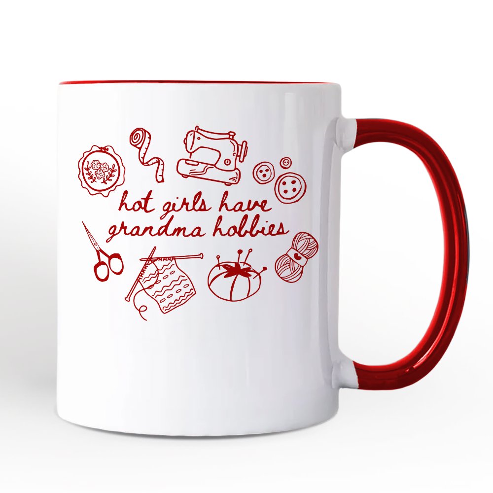 Granny Era Sewing Knitting Personalized Mug, Hot Girls Have Grandma Hobbies Funny Gift with Custom Name Personalized Ceramic Mug OrnamentallyYou Red Handle Non-Custom 