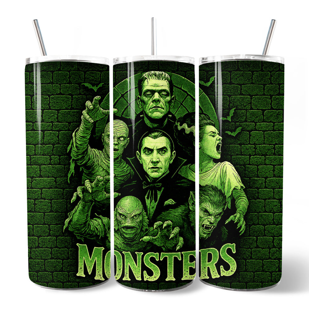 Green Retro Monsters 20oz Personalized Tumbler With Lid and Stainless Steel Straw, Vintage Classic Horror Halloween Gift Cup