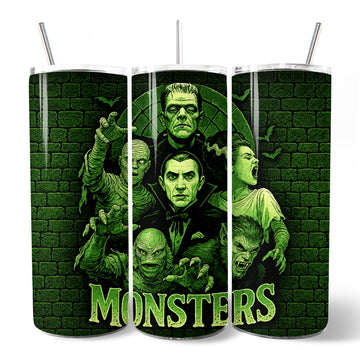 Green Retro Monsters 20oz Personalized Tumbler With Lid and Stainless Steel Straw, Vintage Classic Horror Halloween Gift Cup