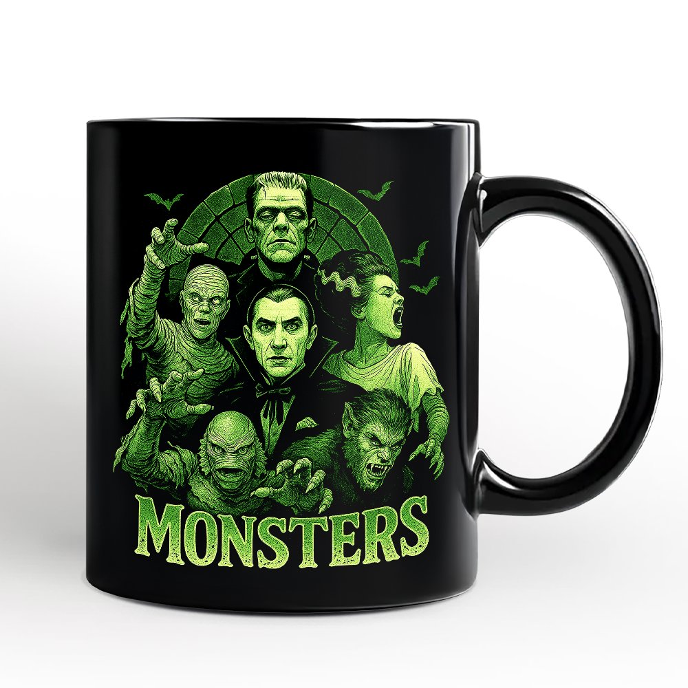 Green Retro Monsters Personalized Mug, Vintage Classic Horror Halloween Gift with Custom Name Personalized Ceramic Mug OrnamentallyYou Black Non-Custom 