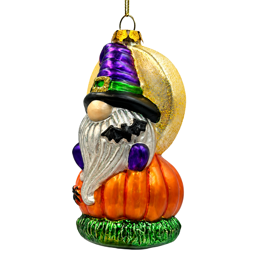 (PRE-ORDER) Halloween Gnome on Pumpkin Glass Ornament, Bat and Moon Spooky Halloween Decor