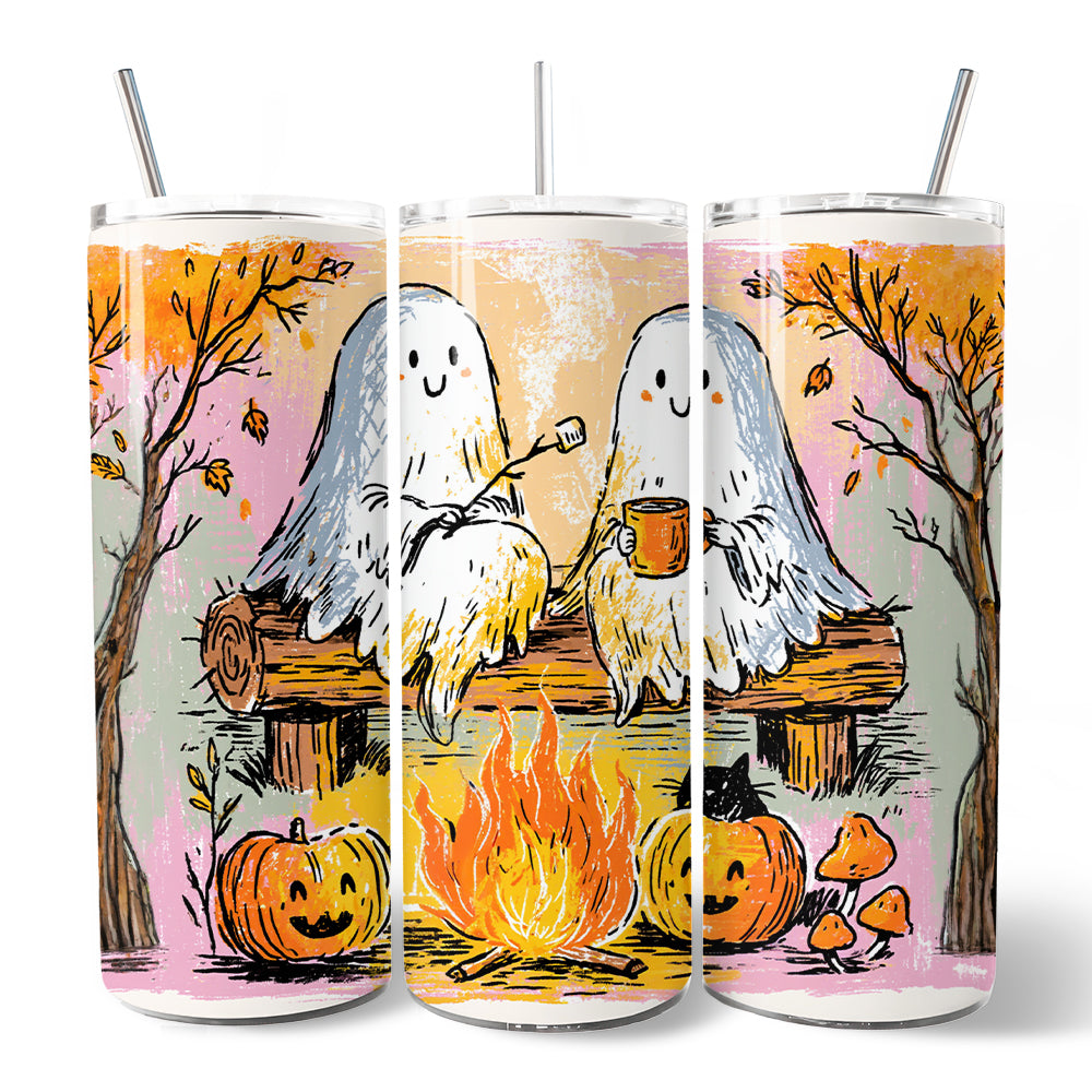 Handdrawn Camping Boo Ghost 20oz Personalized Tumbler With Lid and Stainless Steel Straw, Cozy Autumn Halloween Gift Cup