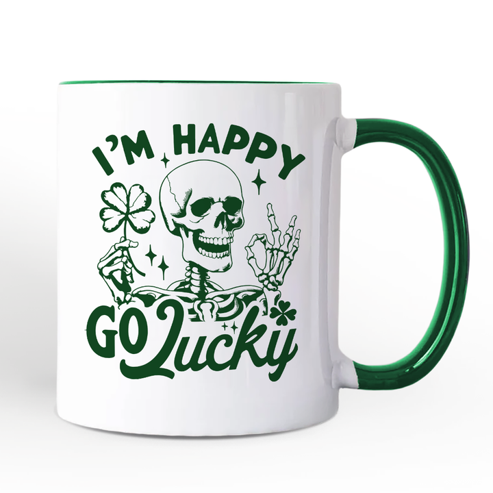 Happy Go Lucky Clover Skeleton St Patrick’s Day Personalized Mug, Green Shamrock Vintage Gift with Custom Name