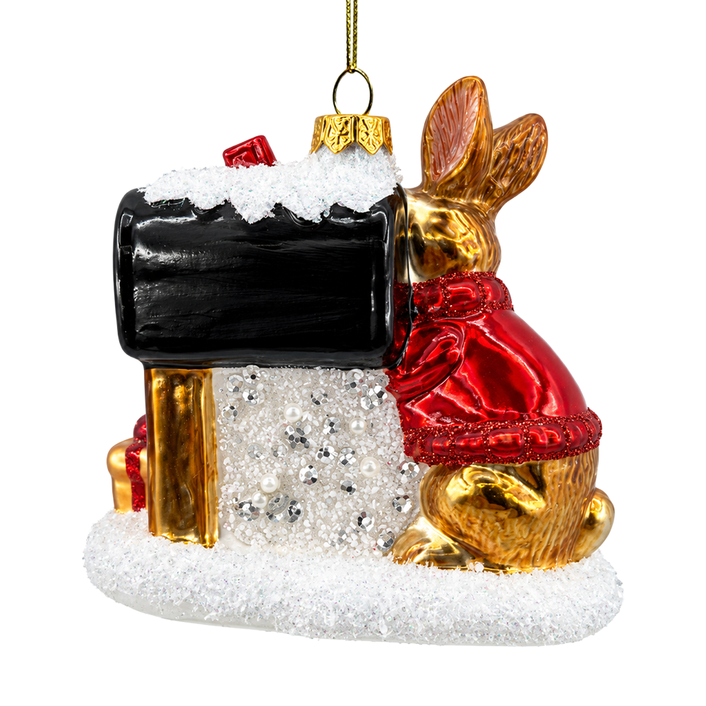 (PRE-ORDER) Hare by Snowy Mailbox Glass Christmas Ornament, Rabbit Holiday Gift Tree Decor