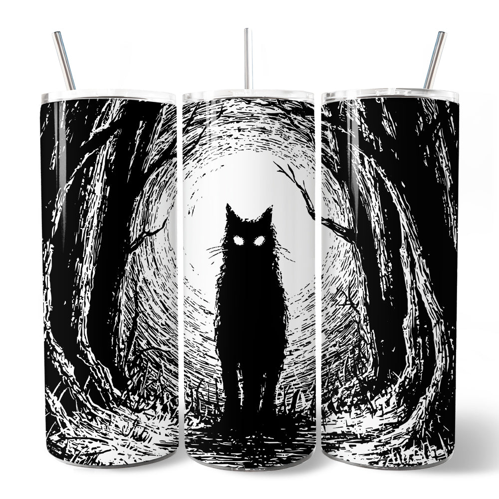 Haunted Forest Black Cat 20oz Personalized Tumbler With Lid and Stainless Steel Straw, Spooky Halloween Night Gift Cup