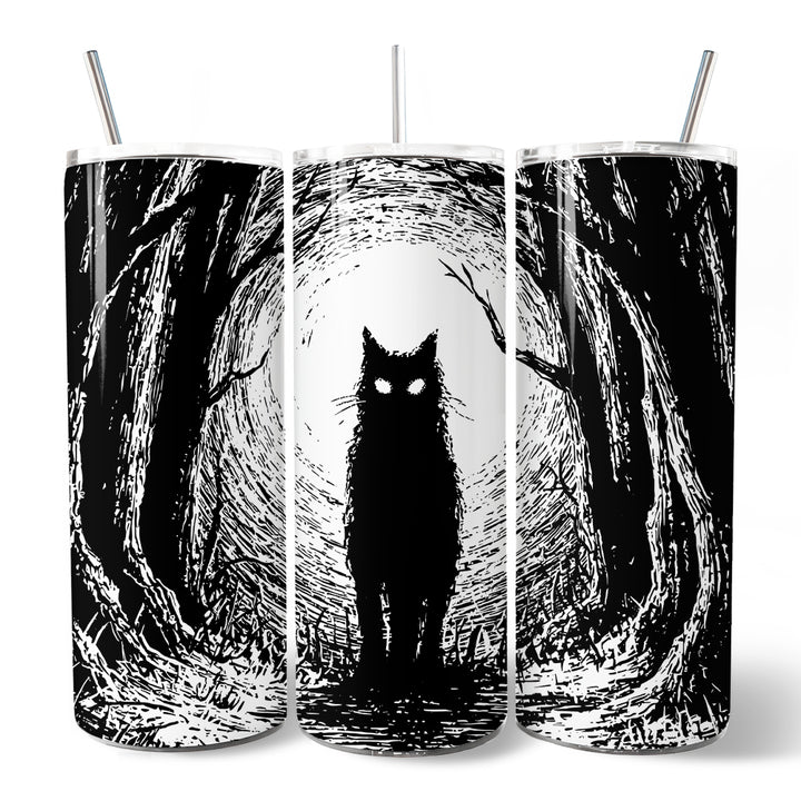 Haunted Forest Black Cat 20oz Personalized Tumbler With Lid and Stainless Steel Straw, Spooky Halloween Night Gift Cup