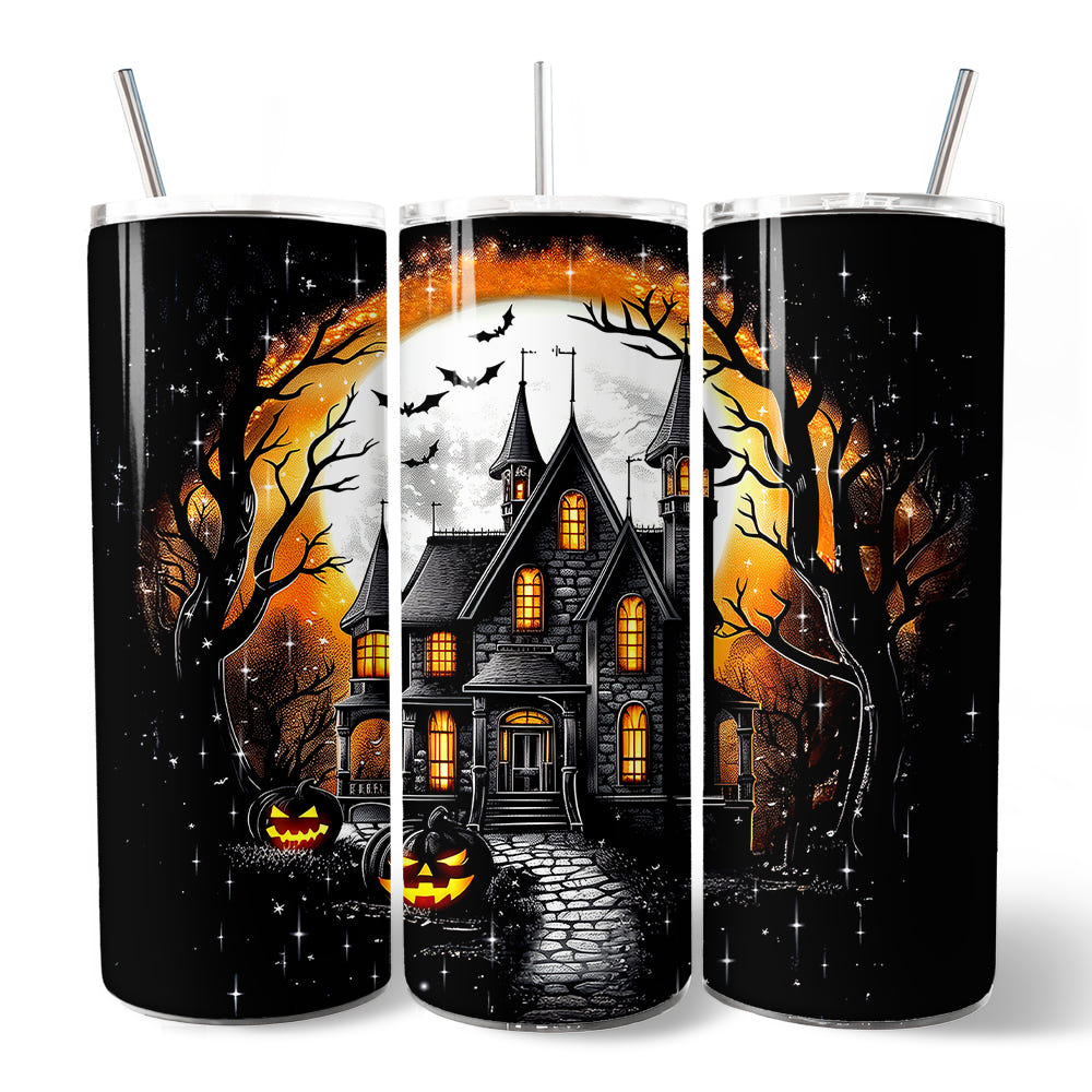 Haunted House Night Halloween 20oz Personalized Tumbler With Lid and Stainless Steel Straw, Spooky Horror Gift Cup