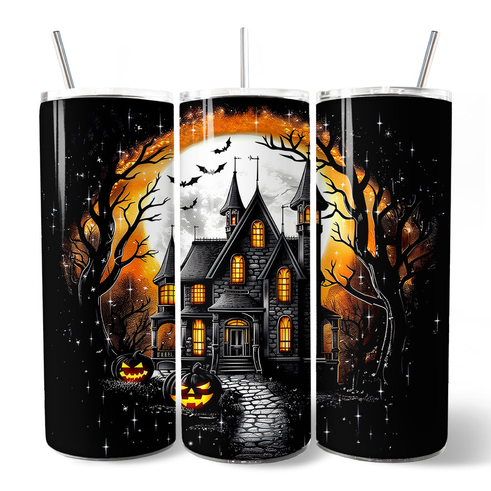 Haunted House Night Halloween 20oz Personalized Tumbler With Lid and Stainless Steel Straw, Spooky Horror Gift Cup