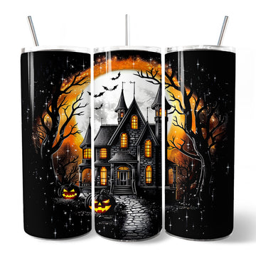 Haunted House Night Halloween 20oz Personalized Tumbler With Lid and Stainless Steel Straw, Spooky Horror Gift Cup