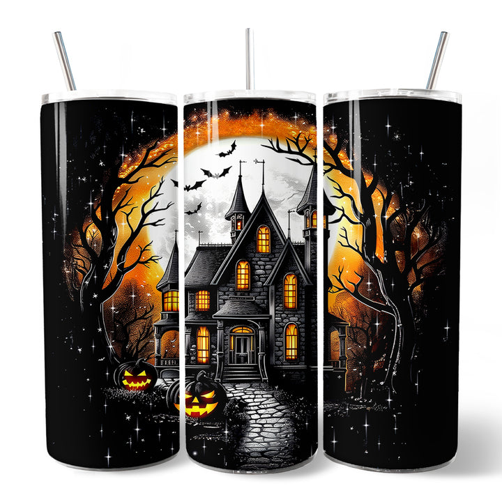 Haunted House Night Halloween 20oz Personalized Tumbler With Lid and Stainless Steel Straw, Spooky Horror Gift Cup