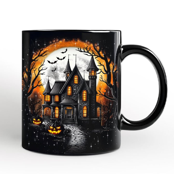 Haunted House Night Halloween Personalized Mug, Spooky Horror Gift with Custom Name Personalized Ceramic Mug OrnamentallyYou Black Non-Custom 