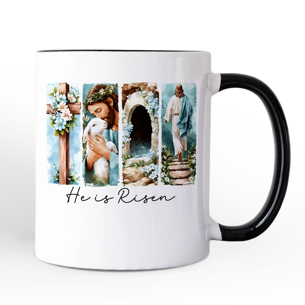 He Is Risen Christian Brushstroke Personalized Mug, Festive Easter Gift with Custom Name