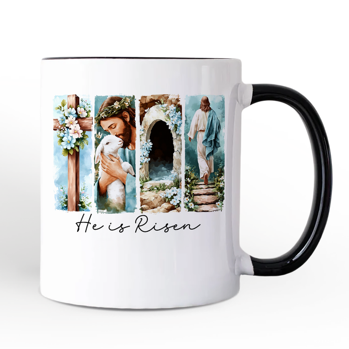 He Is Risen Christian Brushstroke Personalized Mug, Festive Easter Gift with Custom Name