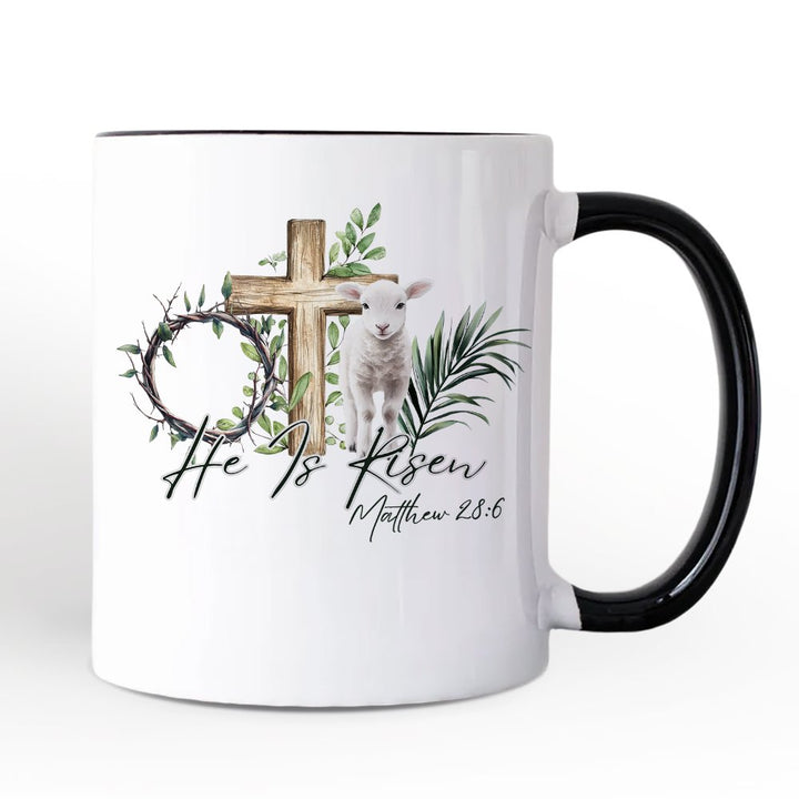 He Is Risen Lamb Cross Christian Easter Personalized Mug, Bible Verse Matthew 28:6 Gift with Custom Name Personalized Ceramic Mug OrnamentallyYou Black Handle Non-Custom 