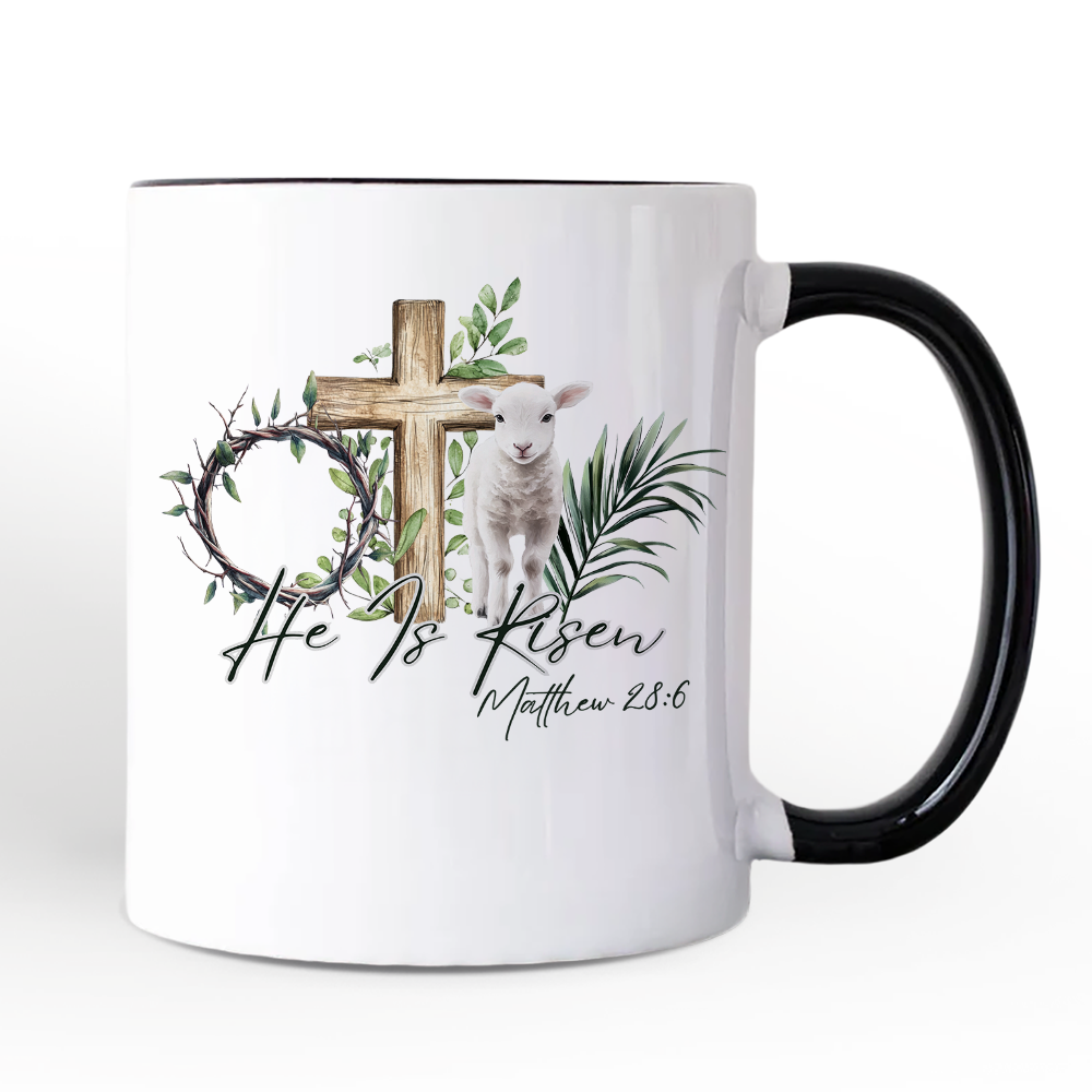 He Is Risen Lamb Cross Christian Easter Personalized Mug, Bible Verse Matthew 28:6 Gift with Custom Name
