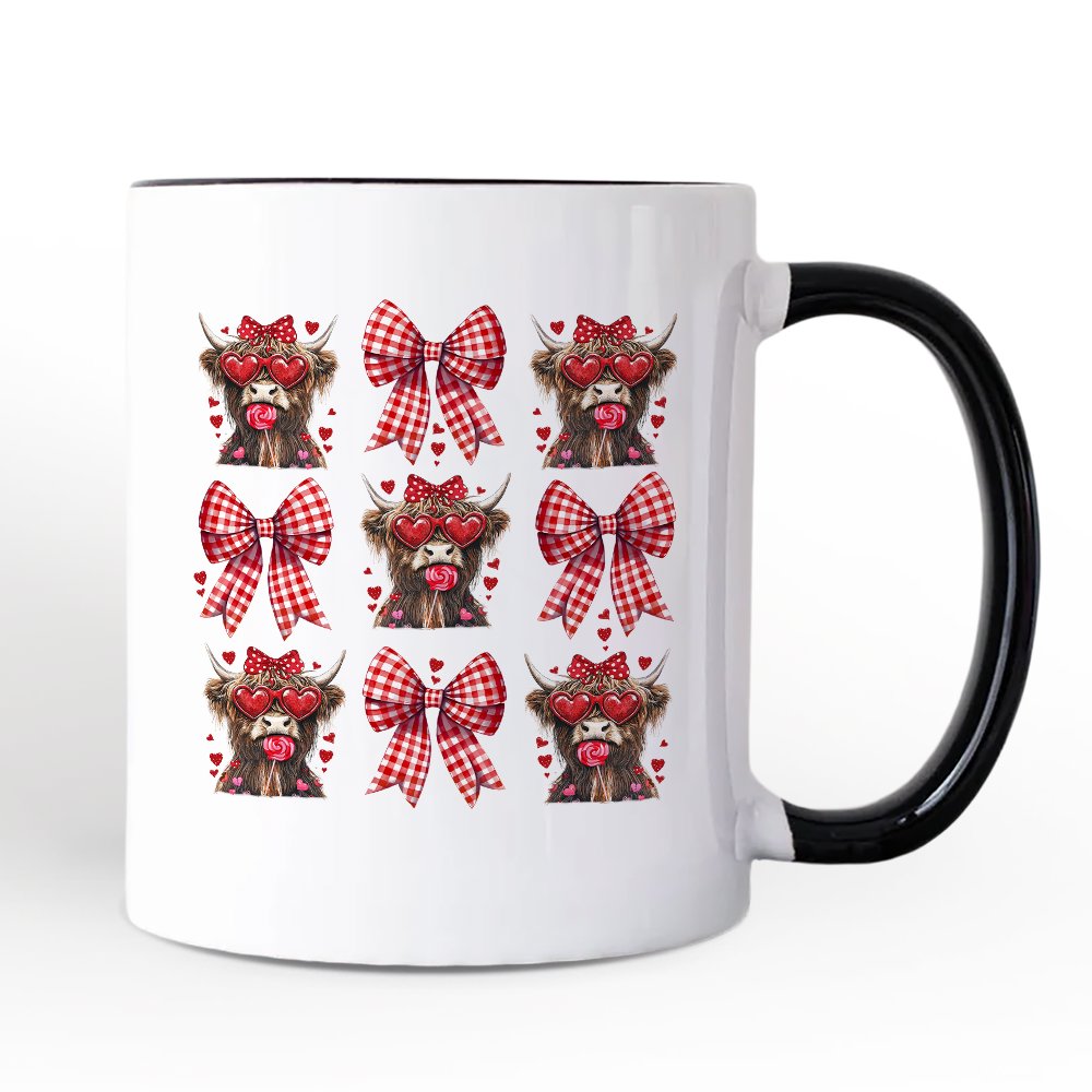 Highland Cow Coquette Bow Valentine Personalized Mug, Cute Hearts Western Gift with Custom Name Personalized Ceramic Mug OrnamentallyYou White - Black Non-Custom 