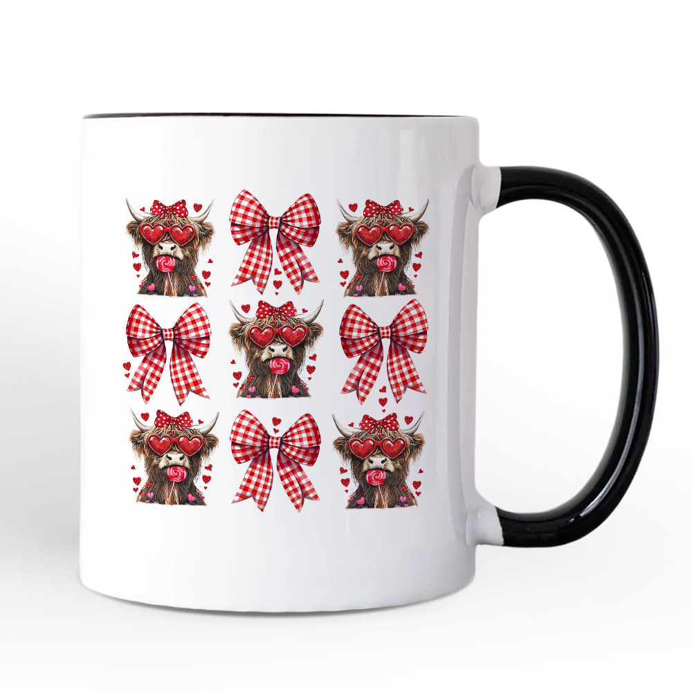 Highland Cow Coquette Bow Valentine Personalized Mug, Cute Hearts Western Gift with Custom Name