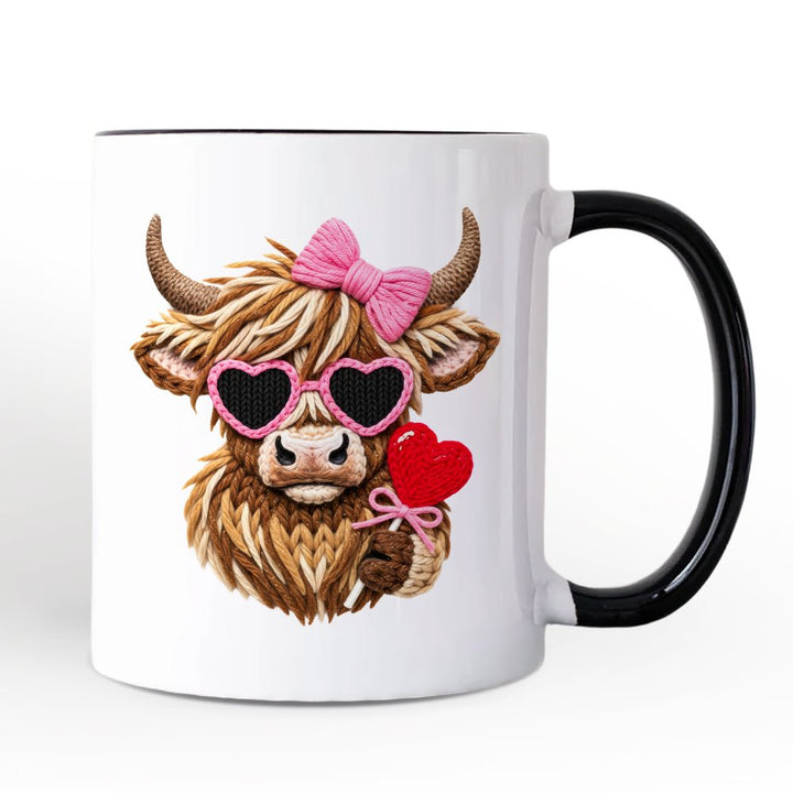 Highland Cow Faux-Yarn Valentine Personalized Mug, Cute Knit Coquette Gift with Custom Name Personalized Ceramic Mug OrnamentallyYou White - Black Non-Custom 