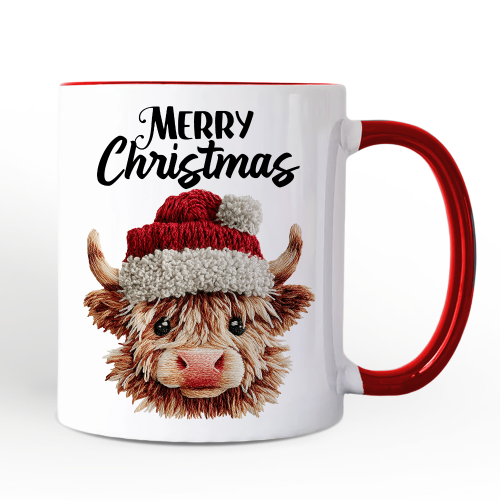 Highland Cow Santa Hat Christmas Personalized Mug, Imitation Latch Hook Yarn Cozy Gift with Custom Name