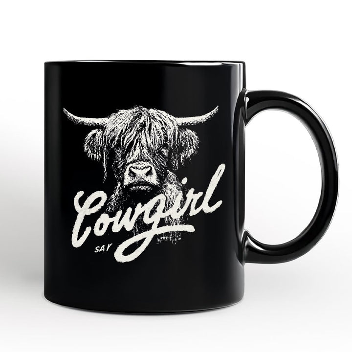 Highland Cow Vintage Cowgirl Personalized Mug, Western Country Gift with Custom Name Personalized Ceramic Mug OrnamentallyYou Black Non-Custom 