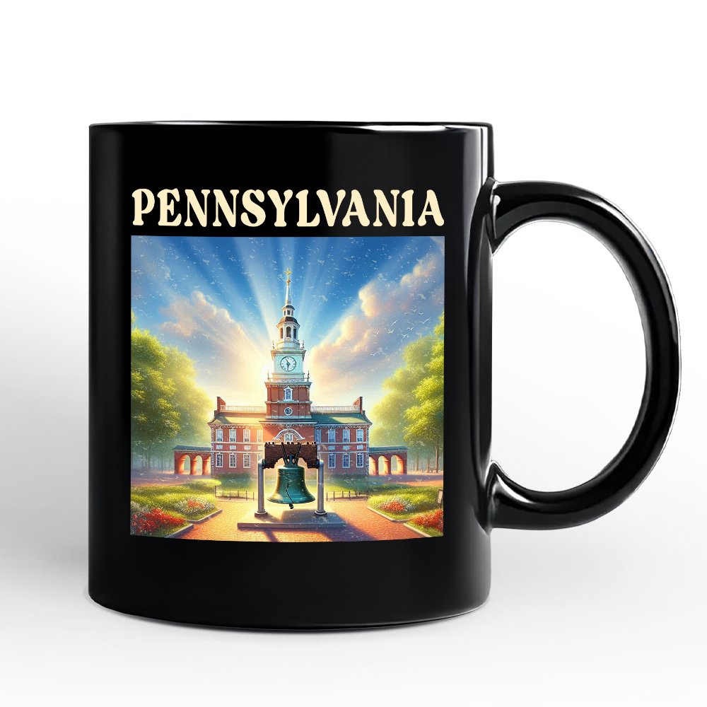 Historic Liberty Bell and Independence Hall Pennsylvania State Personalized Mug, Colonial Landmark Gift and Travel Souvenir with Custom Name Personalized Ceramic Mug OrnamentallyYou Black Non-Custom 