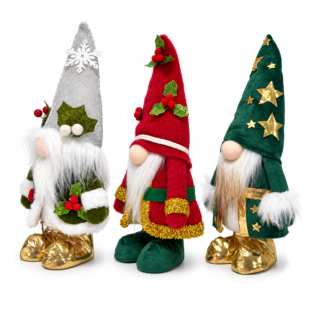 Holly Jolly Plush Gnome Set of 3, Whimsical 10.5" Christmas Home Decor