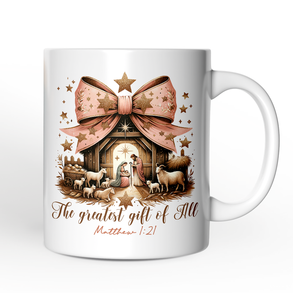 Holy Night Nativity Scene Jesus Personalized Mug, The Greatest Gift of All Matthew 1:21 Christian Christmas Gift with Custom Name
