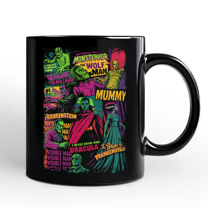 Horror Comic Classic Monsters Personalized Mug, Vintage Scary Halloween Gift with Custom Name Personalized Ceramic Mug OrnamentallyYou Black Non-Custom 