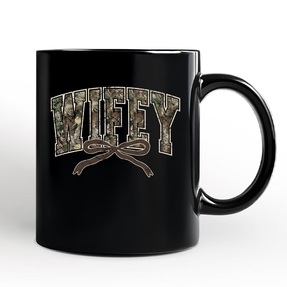 Hunting Wifey Camo Varsity Personalized Mug, Country Wife Bow Gift with Custom Name Personalized Ceramic Mug OrnamentallyYou Black Non-Custom 