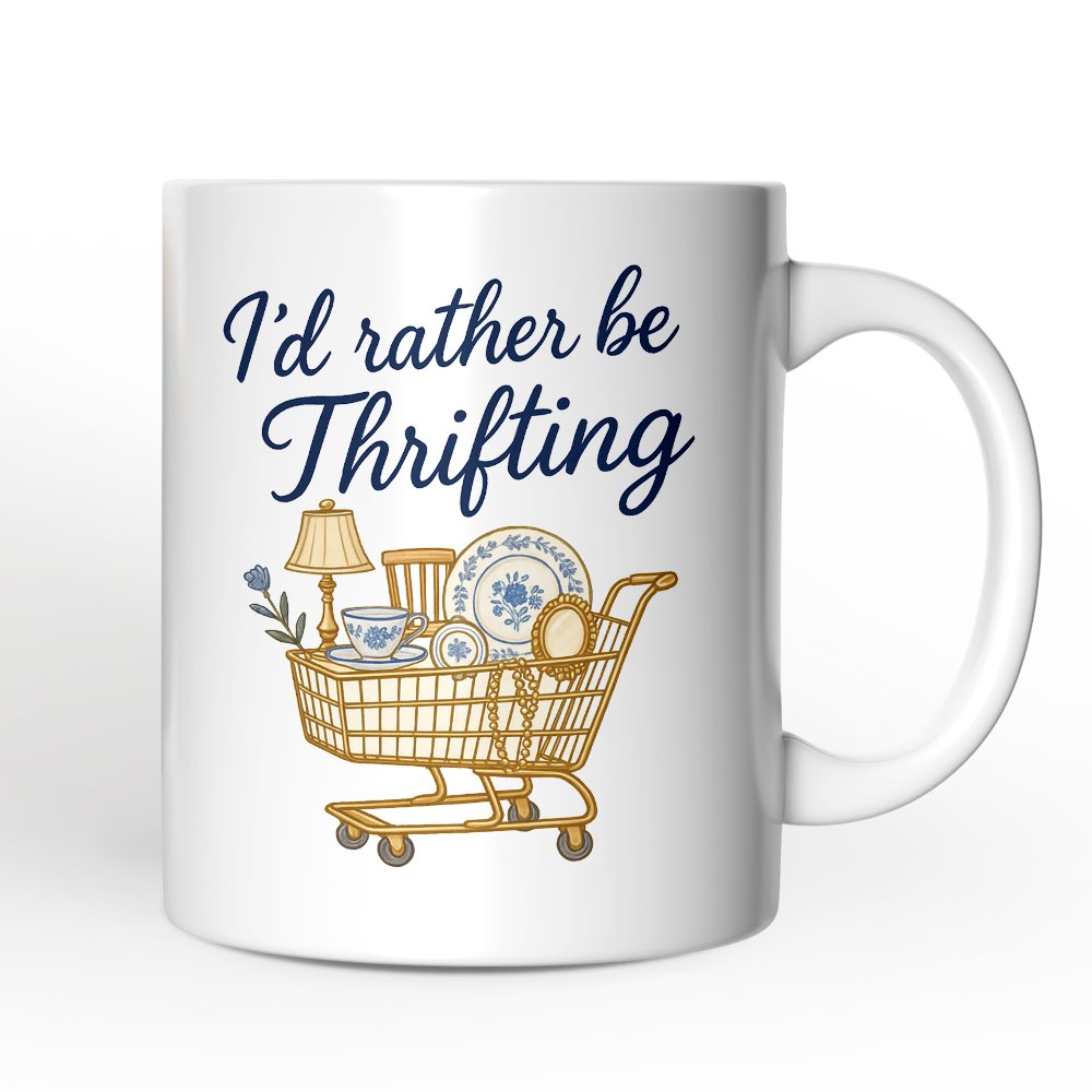 I’d Rather Be Thrifting Personalized Mug, Vintage Thrift Shop Lover Gift with Custom Name Personalized Ceramic Mug OrnamentallyYou White Non-Custom 