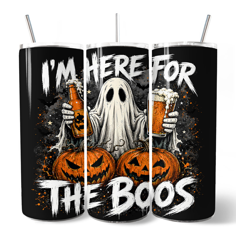 I'm Here for the Boos Ghost 20oz Personalized Tumbler With Lid and Stainless Steel Straw, Funny Halloween Beer Pumpkin Gift Cup