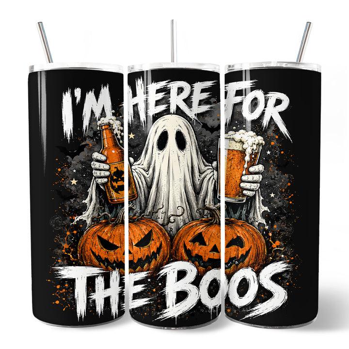 I'm Here for the Boos Ghost 20oz Personalized Tumbler With Lid and Stainless Steel Straw, Funny Halloween Beer Pumpkin Gift Cup
