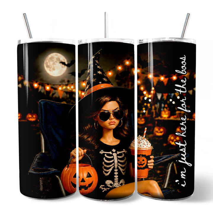 I'm Just Here For The Boos 20oz Personalized Tumbler With Lid and Stainless Steel Straw, Funny Doll Face Witch Gift Cup