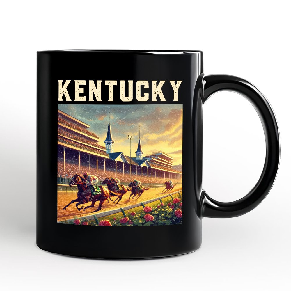 Iconic Kentucky State Horse Racing Personalized Mug, Churchill Downs Gift and Derby Heritage Souvenir with Custom Name Personalized Ceramic Mug OrnamentallyYou Black Non-Custom 
