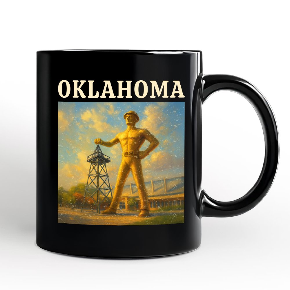 Iconic Oklahoma State Oil Heritage Personalized Mug, Tulsa Golden Driller Landmark Gift and Travel Souvenir with Custom Name Personalized Ceramic Mug OrnamentallyYou Black Non-Custom 