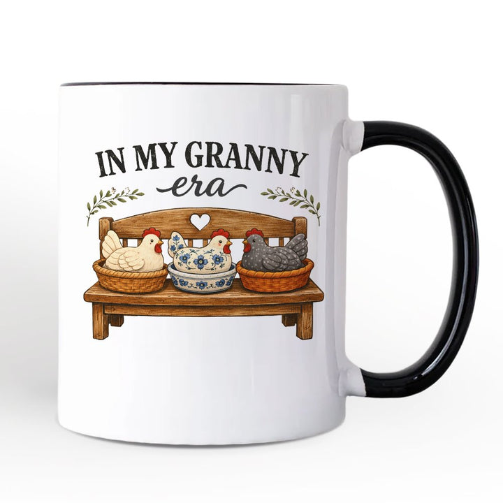 In My Granny Era Chicken Vintage Personalized Mug, Cozy Farmhouse Country Grandma Gift with Custom Name Personalized Ceramic Mug OrnamentallyYou Black Handle Non-Custom 
