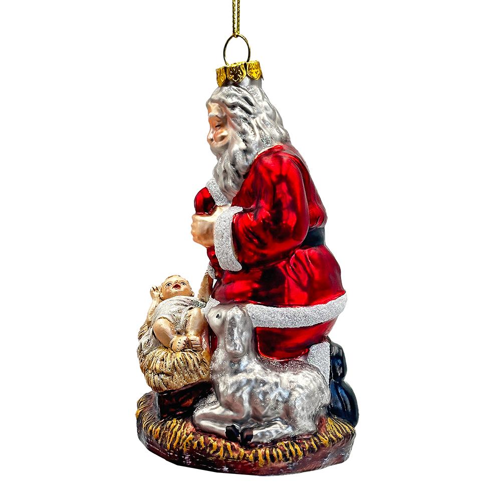 (Pre-Order) Innocent Santa and Baby Jesus Handblown Glass Christmas Ornament, Nativity Christian Holiday Decor