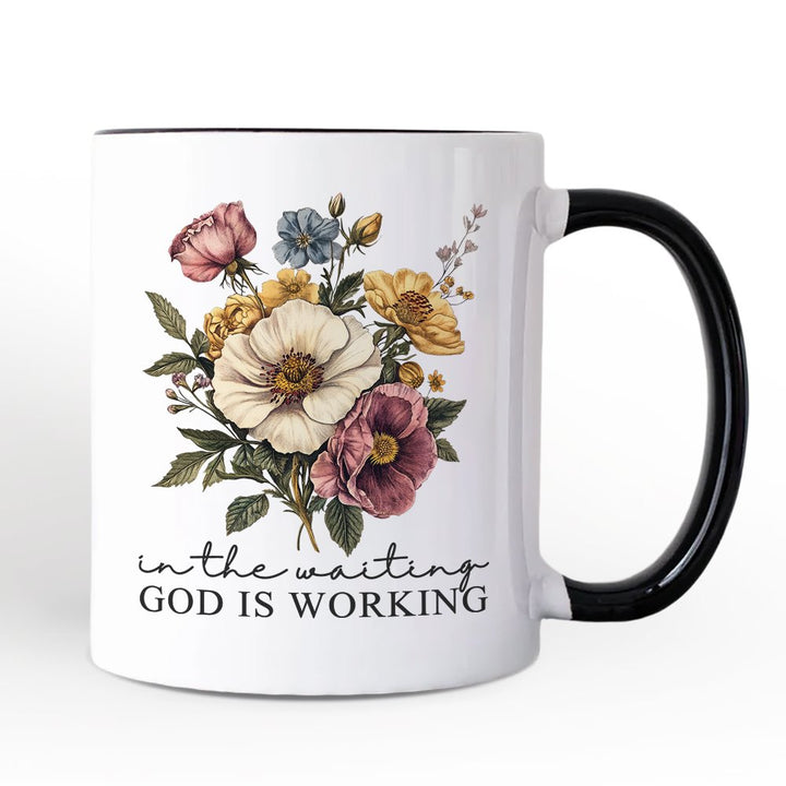 In the Waiting God Is Working Floral Christian Personalized Mug, Vintage Wildflower Faith Gift with Custom Name Personalized Ceramic Mug OrnamentallyYou White - Black Non-Custom 