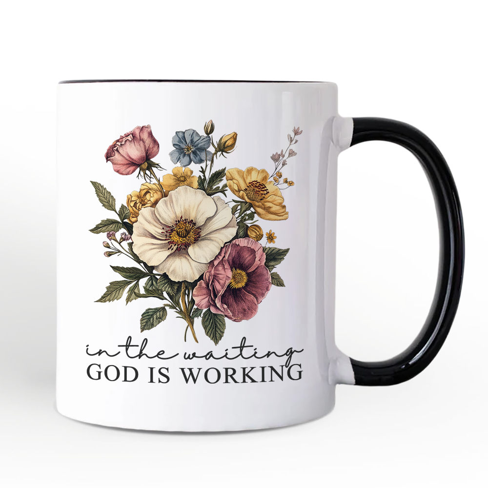 In the Waiting God Is Working Floral Christian Personalized Mug, Vintage Wildflower Faith Gift with Custom Name