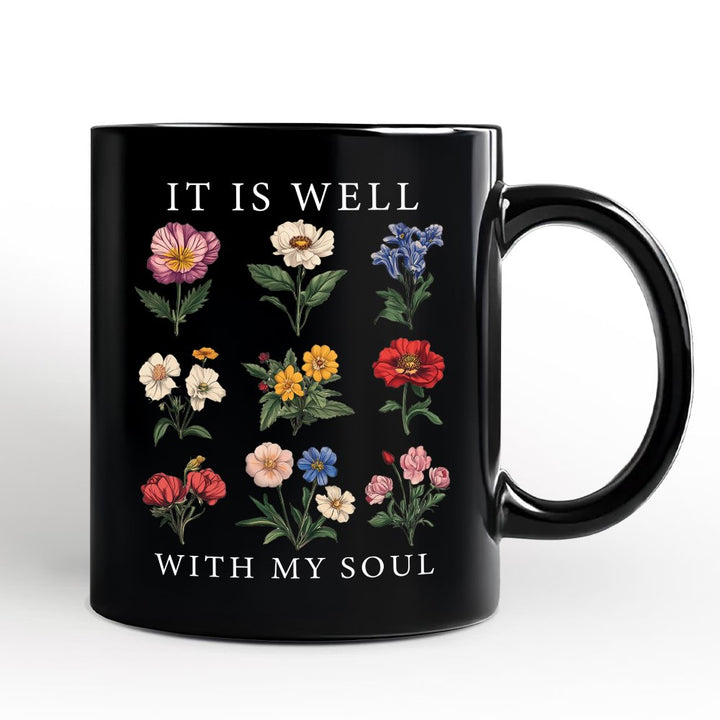 It Is Well With My Soul Christian Vintage Personalized Mug, Floral Bible Verse Gift with Custom Name Personalized Ceramic Mug OrnamentallyYou Black Non-Custom 