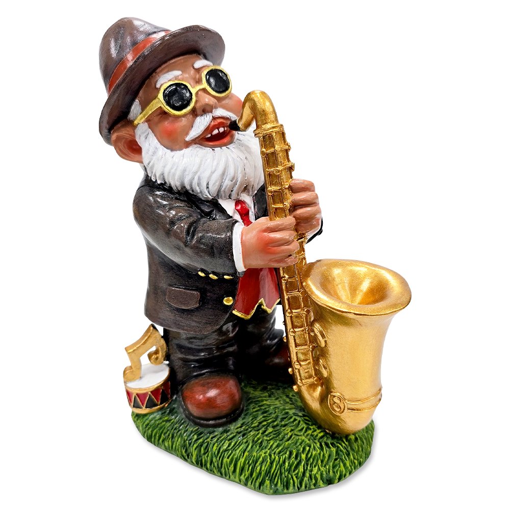 Jazzy Gnome Garden Statue, 8" Music Playing Dwarf Figurine Outdoor Decor Resin Statues OrnamentallyYou 