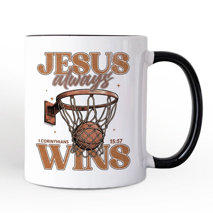 Jesus Always Wins Christian Basketball Personalized Mug, Retro Motivational Bible Verse Gift with Custom Name Personalized Ceramic Mug OrnamentallyYou Black Handle Non-Custom 