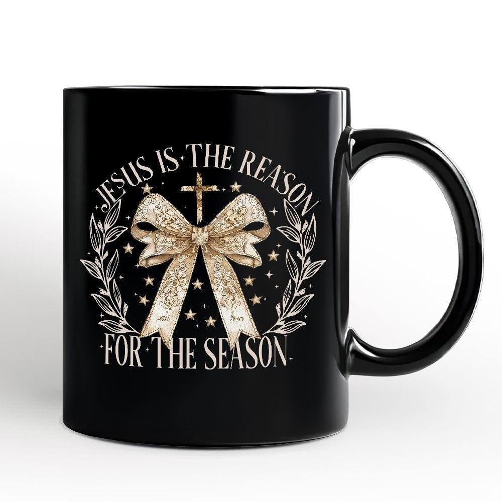 Jesus Is the Reason Christmas Personalized Mug, Coquette Gold Bow Cross Gift with Custom Name Personalized Ceramic Mug OrnamentallyYou Black Non-Custom 