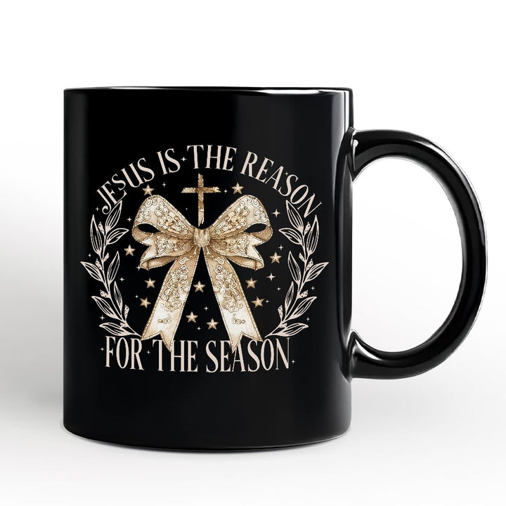 Jesus Is the Reason Christmas Personalized Mug, Coquette Gold Bow Cross Gift with Custom Name Personalized Ceramic Mug OrnamentallyYou Black Non-Custom 