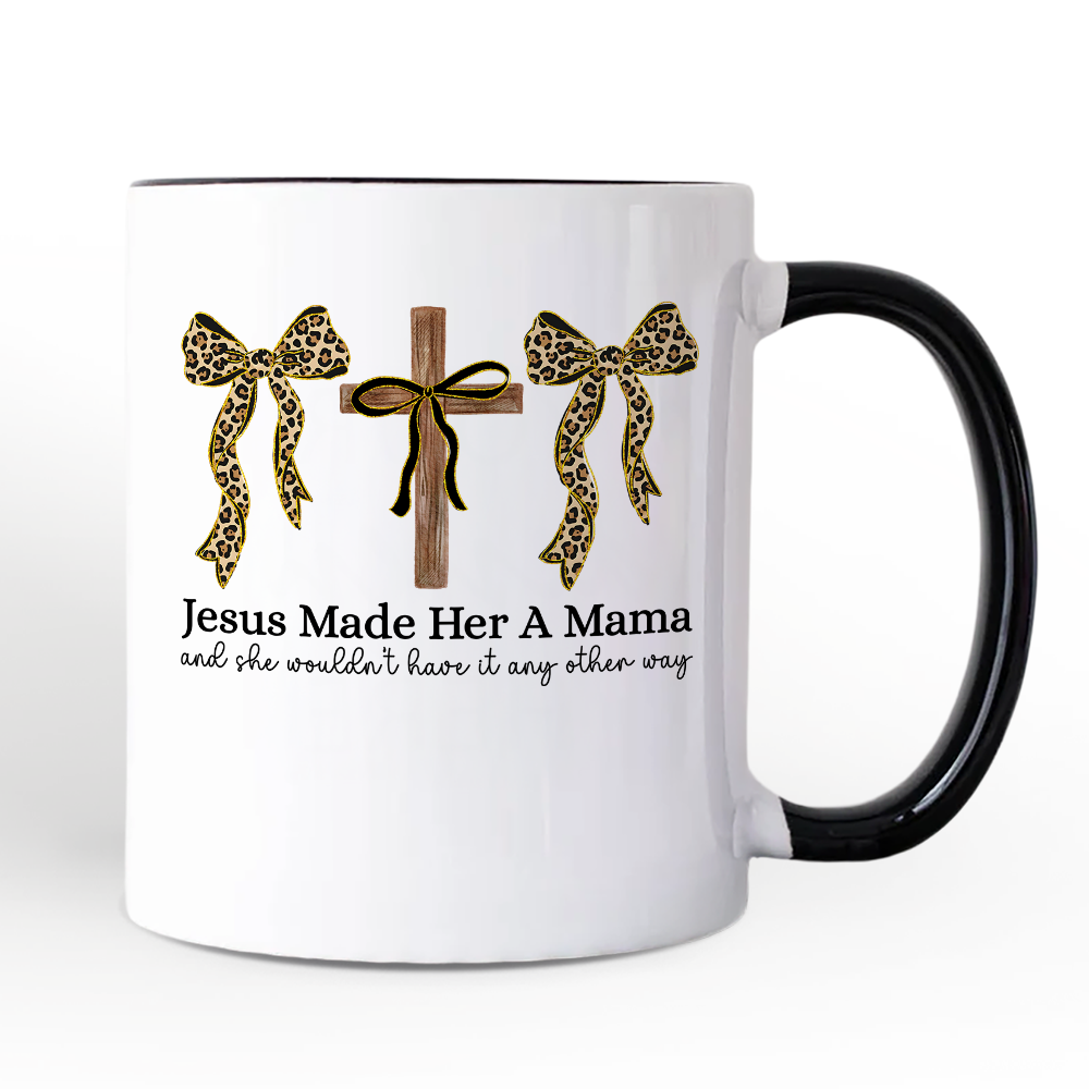 Jesus Made Her A Mama Personalized Mug, Coquette Christian Leopard Bows Faith Gift with Custom Name