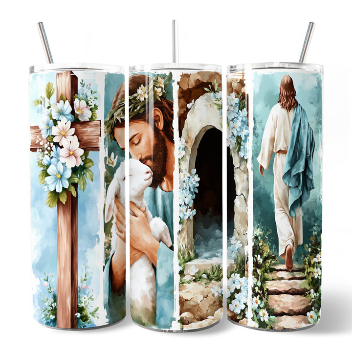 Jesus has Risen 20oz Personalized Tumbler With Lid and Stainless Steel Straw, Easter Blue Brushstrokes Spring Gift Cup