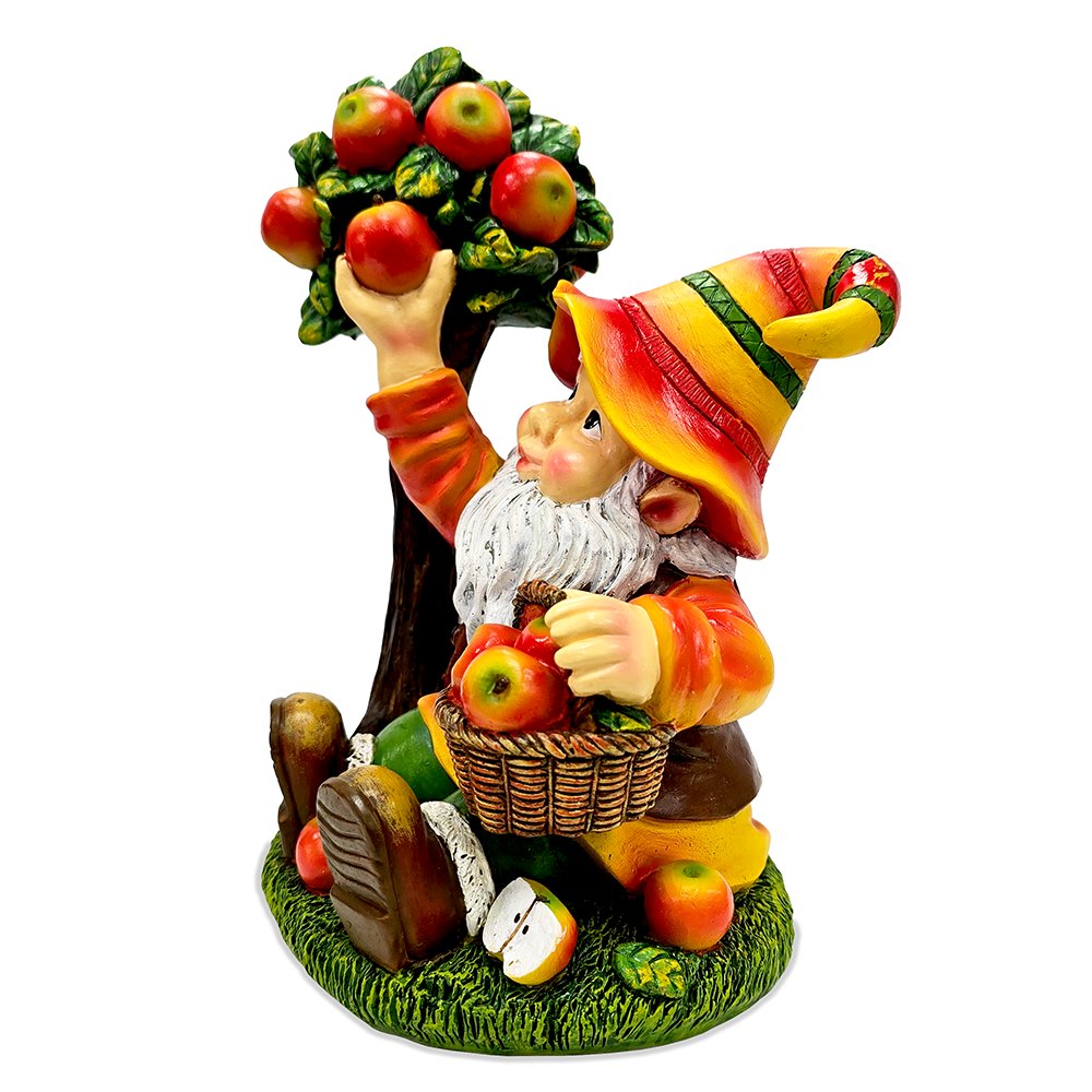 Johnny Apple Gnome Cute Garden Statue, 9" Orchid Picker Whimsical Dwarf Figurine Resin Statues OrnamentallyYou 