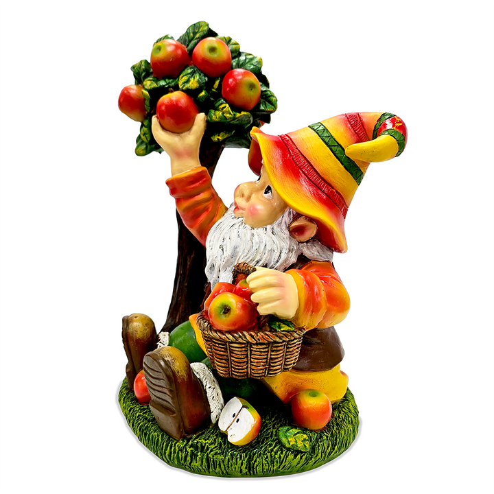 Johnny Apple Gnome Cute Garden Statue, 9" Orchid Picker Whimsical Dwarf Figurine